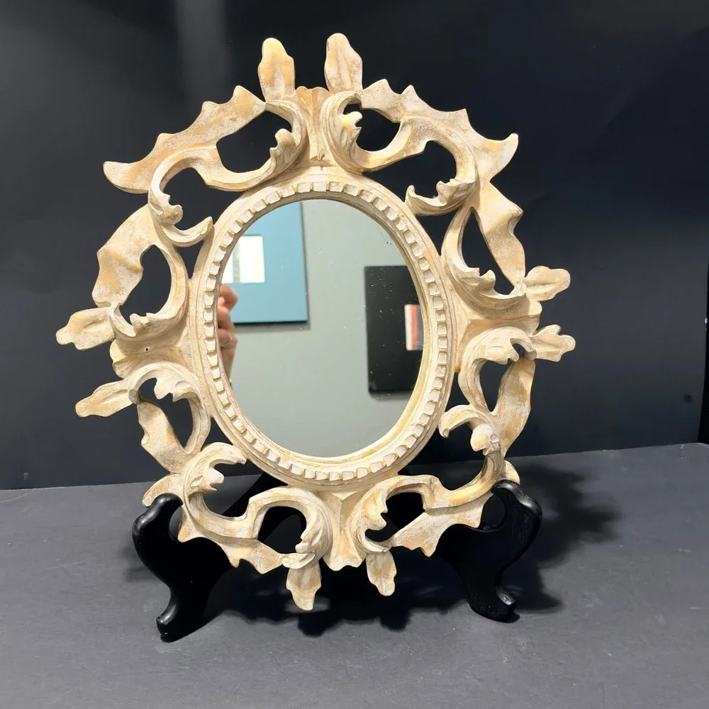 Vtg Cream/Gold Ornate Oval Wall Mirror Baroque/Hollywood Regency Style 15x12.5